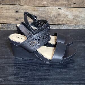 Solanz Black Wedge Sandal Comfort Vegan Leather Cutout two strap sz 6